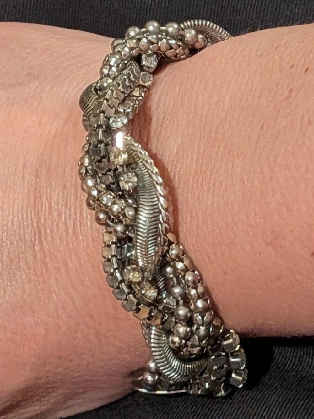 Vintage Silver Tone Braided Rhinestone Liquid Multi Strand Statement Bracelet